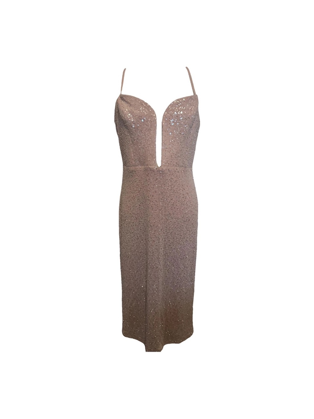 BCBGMAXAZRIA Champagne Sequin Evening Dress Gown – Size 14 NWT